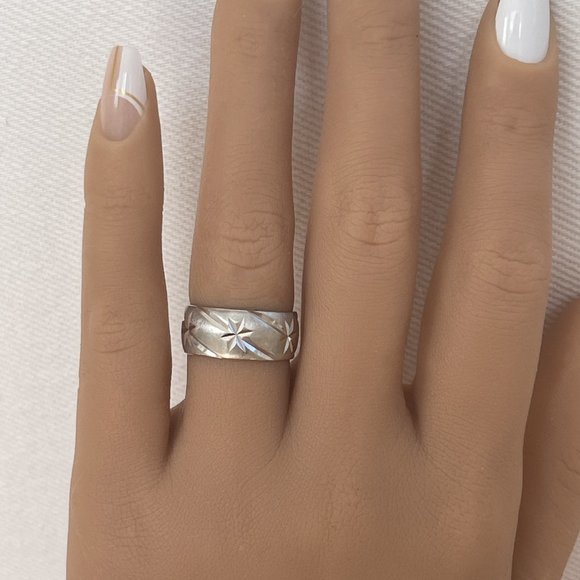 Vintage Solid 14K White Gold Celestial Star Wedding Stacking Cigar Band Ring 585 - Picture 4 of 11